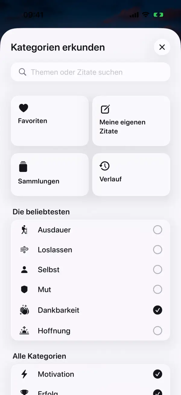 Kategorien erkunden mit Suche, Favoriten, Sammlungen und beliebten Themen