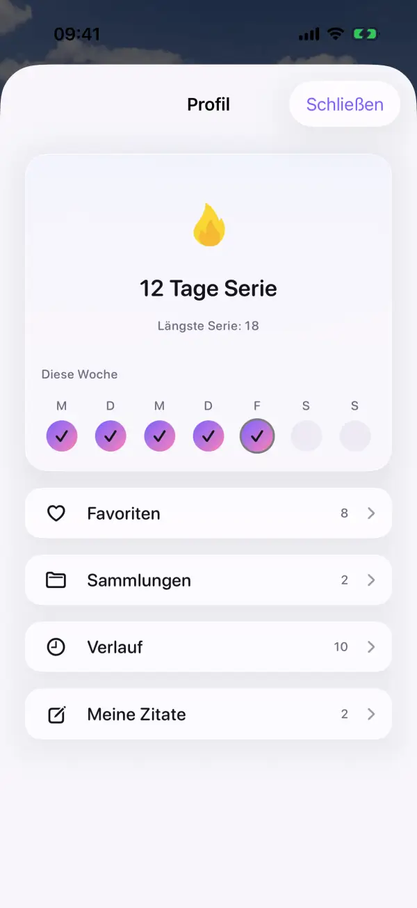 Profil mit 12 Tagen Serie, Wochenleiste, Favoriten, Sammlungen und Verlauf