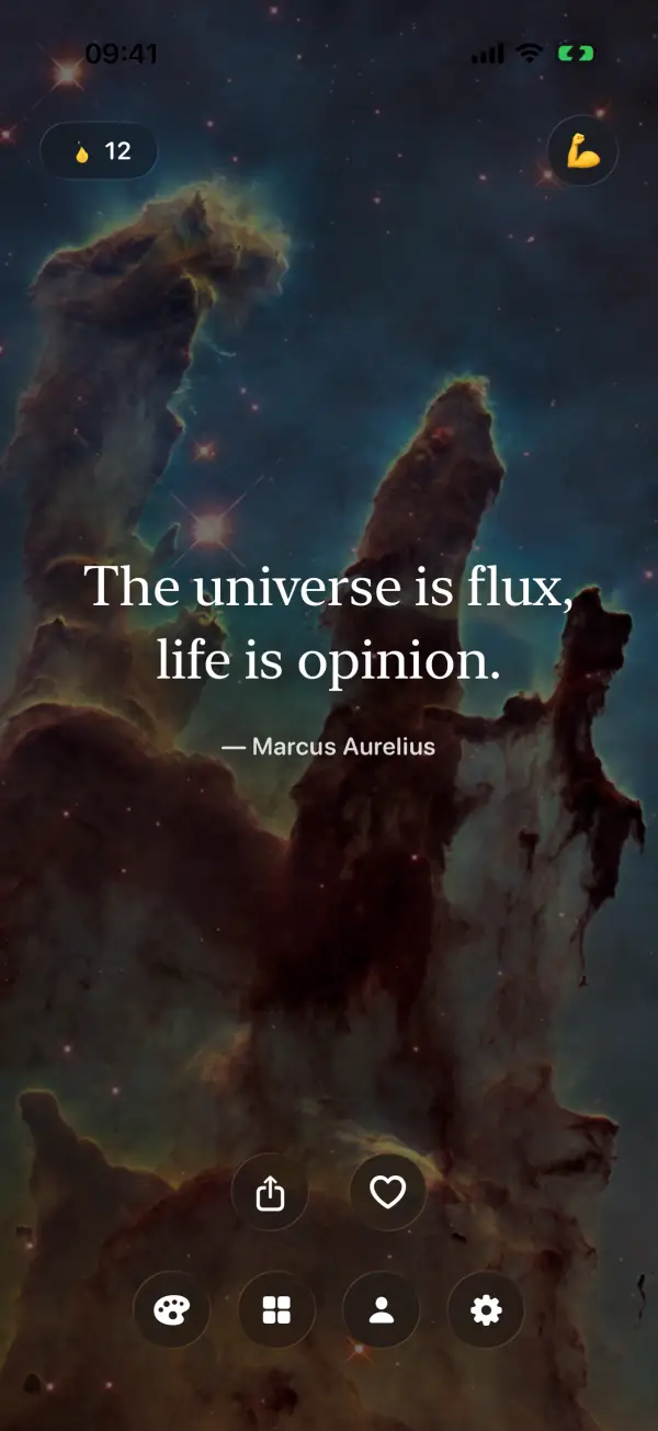 DailyQuotes feed with a Marcus Aurelius quote over a nebula photo