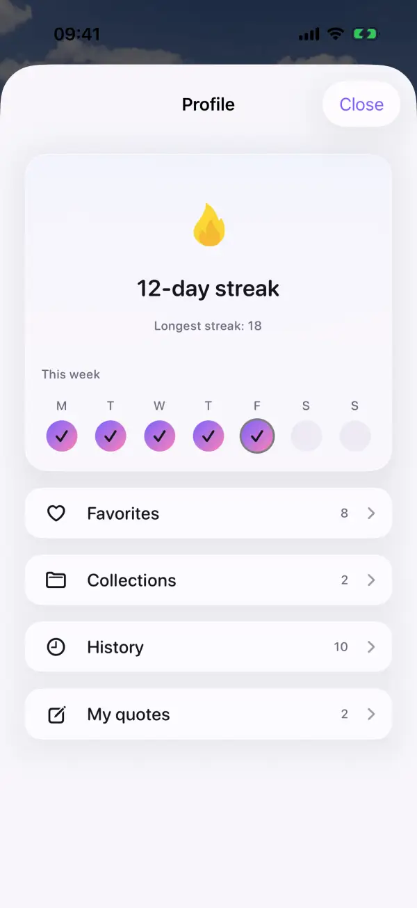 Profile with a 12-day streak, week view, favorites, collections and history